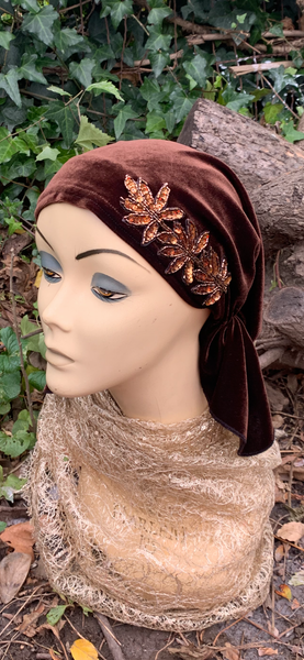 Beautiful Brown Velvet Pre Tied Headscarf With Sparkly Sequins | Made in USA