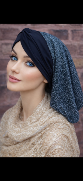 Black Silver Tichel Snood | Long Turban | Modern Hijab | Beautiful Headscarf For Women | Easy To Wear Hair Scarf To Cover Your Hair