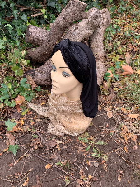 Black Velvet Lycra Snood Turban Hijab | Headscarf For Women | Easy Hijab For Work | Made in the USA by Uptown Girl Headwear