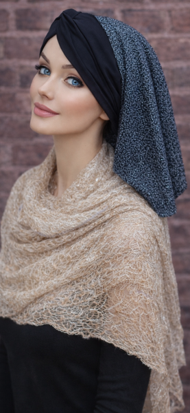 Black Silver Tichel Snood | Long Turban | Modern Hijab | Beautiful Headscarf For Women | Easy To Wear Hair Scarf To Cover Your Hair