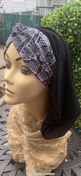 Black Snood With Grey Snake Skin Design | Modern Headscarf | Fashion Hair Scarf | Proudly Made in USA by Uptown Girl Headwear