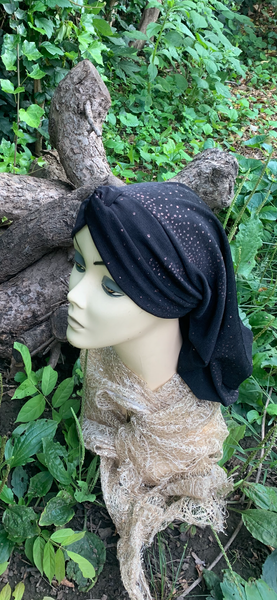 Black Slinky Snood | Black Hijab | Black Turban For Women With Copper Sparkle Design | Made in USA