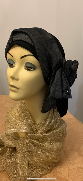 Wrap Around Headscarf For Women | Adjustable Large or Small Head Size | Black Grey Hijab Hair Covering With Petite Crystal Design | No Pins Needed