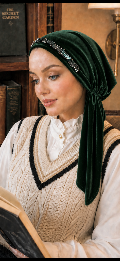 Green Velvet Pre Tied Headscarf For Women | Luxury Hair Scarf Beanie Turban | Tichel | Modern Hijab | Made in USA by Uptown Girl Headwear