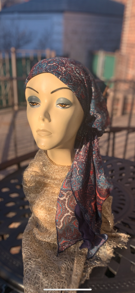 Beautiful Pre Tied Hair Scarf | Sophisticated Design | Lightweight Headscarf With Comfy Navy Blue Lining Made in America By Uptown Girl Headwear