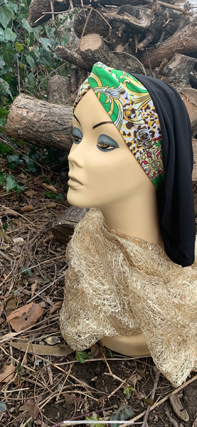 Black Snood Hijab Tichel Turban With Colorful Headband Front For Muslim Jewish Christian African Women