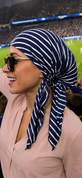 Fashion Headscarf Tie Back Casual Athletic Hair Wrap Durag | Modern Hijab Head Scarf | Navy Pre Tied Gathered Head Wrap For Women | Made in the USA By Uptown Girl Headwear