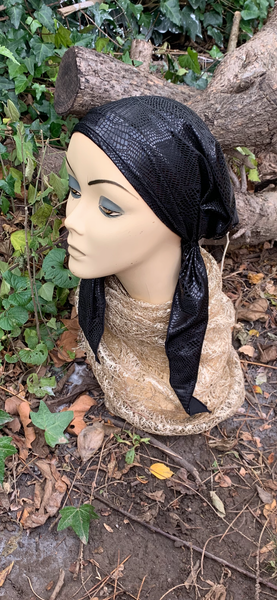 Wig Alternative | Premium Sparkly Black Pre Tied Headscarf Hijab Tichel | Fancy Dressy Formal Hair Wrap For Women | Made in USA Quality