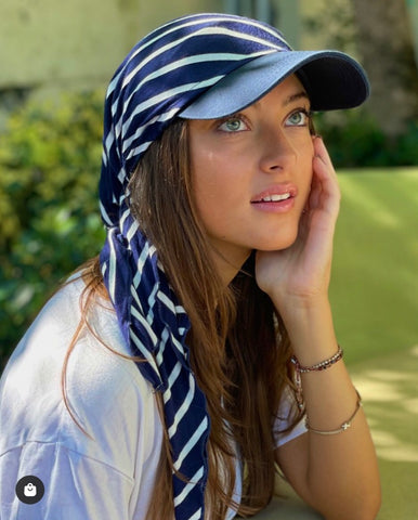 Nautical Sun Visor Hat Scarf with Blue and White Stripes | Made in USA by Uptown Girl Headwear