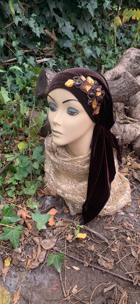 Fashion Headscarf For Women | Brown Stretchy Rich Premium Stretchy Velvet Pre Tied Bandana | Made in USA