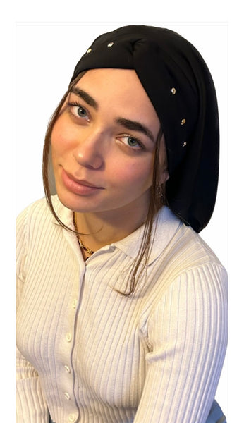 Black Snood Turban Hijab With Gold and Silver Colored Metal Studs Pattern Design | Lycra Head Friendly Fabric | Made in USA
