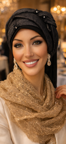 Wrap Around Headscarf For Women | Adjustable Large or Small Head Size | Black Grey Hijab Hair Covering With Petite Crystal Design | No Pins Needed