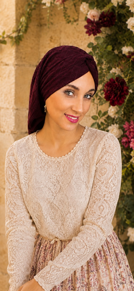 Turban Burgundy Textured Modern Hijab Hair Knot Snood Tichel To Cover and Conceal Hair All Day. Made in USA