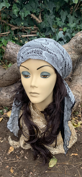 Silver Lace Pre Tied Headscarf With Lining | Tichel Hijab Headscarf by Uptown Girl Headwear