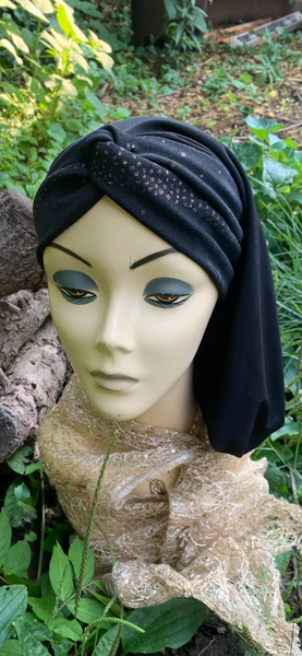 Black Snood Hijab Turban | Black Headscarf For Women With Modern Pretty Sparkle Design