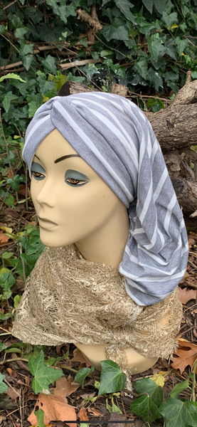 Grey White Snood Turban | Exercise Hijab | Casual Headwear For Woman | Made in the USA by Uptown Girl Headwear