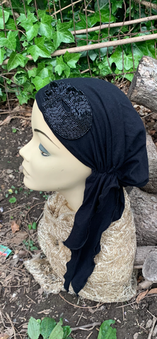 Black Cotton Head Scarf With Elegant Black Sparkly Design