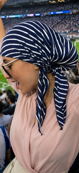 Fashion Headscarf Tie Back Casual Athletic Hair Wrap Durag | Modern Hijab Head Scarf | Navy Pre Tied Gathered Head Wrap For Women | Made in the USA By Uptown Girl Headwear