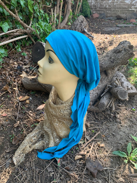 Turquoise Head Scarf For Women | Pre Tied Fitted Tichel Hijab Hair Scarf | Made in USA