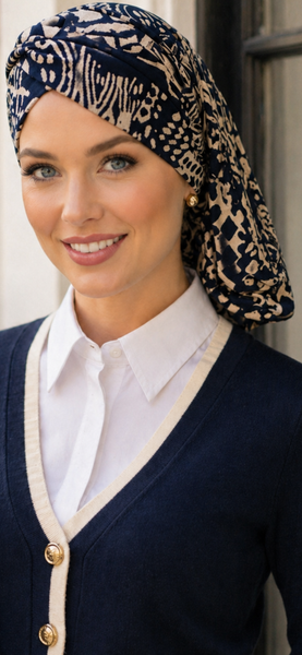Blue and White Turban Snood Hijab Headscarf For Women | Made in the USA by Uptown Girl Headwear