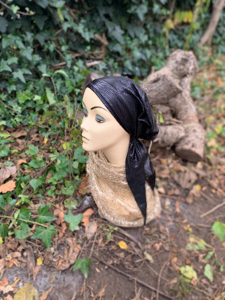 Wig Alternative | Premium Sparkly Black Pre Tied Headscarf Hijab Tichel | Fancy Dressy Formal Hair Wrap For Women | Made in USA Quality