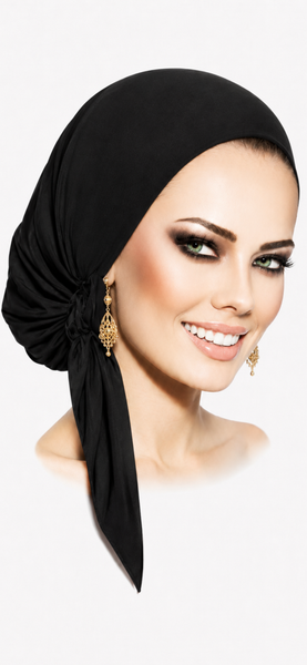 Black Head Scarf Hijab Lightweight Sleek Lycra Spandex Pre-Tied Head Hair Covering With 12 inch Ties