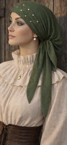 Rustic Design Headwear | New Easy Slip On Style Premium Green Pre-Tied Headscarf Hijab Tichel With Crystal Design
