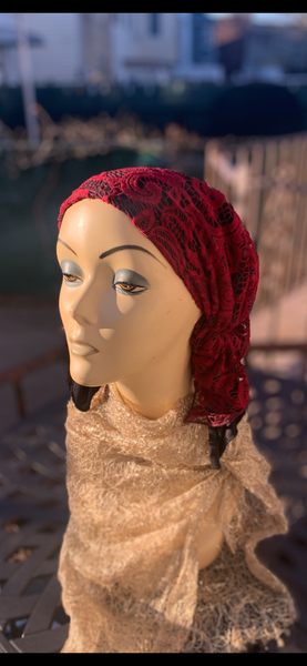 Short Lace Maroon Headscarf For Women To Cover Your Hair | Suitable for long or short hair | Slip on Head Covering To Conceal Your Hair | Made in USA