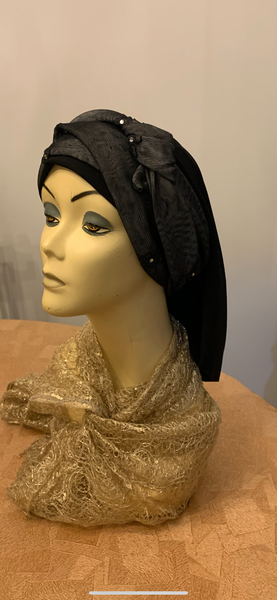 Wrap Around Headscarf For Women | Adjustable Large or Small Head Size | Black Grey Hijab Hair Covering With Petite Crystal Design | No Pins Needed