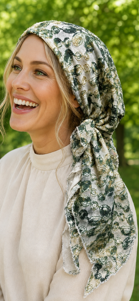 Lace Headscarf For Women | Feminine Stylish Pre Tied Green Head Covering To Cover Your Hair | Made in USA