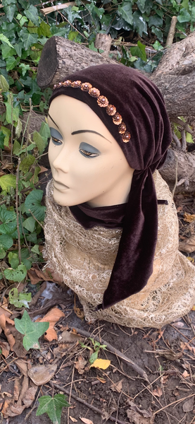 Beautiful Pre Tied Fitted Headscarf | Simple and Easy Slip On Headwear | Brown Velvet Pre Tied Headscarf by Uptown Girl Headwear