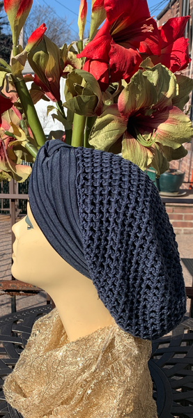 Hand Crocheted Head Covering For Women | Crocheted Snoods With Top Knot Band Attached | Made in USA by Uptown Girl Headwear