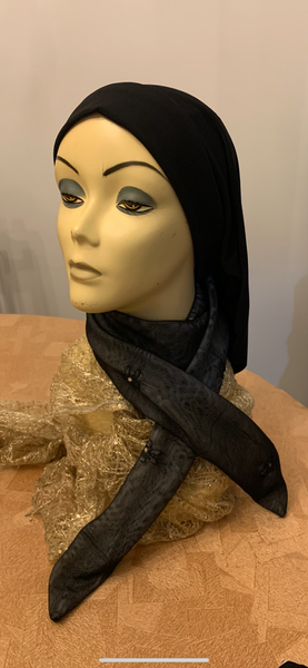 Wrap Around Headscarf For Women | Adjustable Large or Small Head Size | Black Grey Hijab Hair Covering With Petite Crystal Design | No Pins Needed