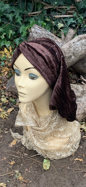 Velour Brown Snood With Sequins | Brown Turban Hijab | Comfortable Headscarf For Women | Wig Alternative | Modern Hijab |