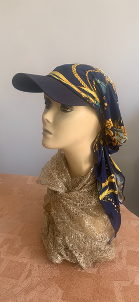 Navy Blue Sun Visor Headscarf With Design | Rich Stylish Pattern | Fashion Beanie With Brim | Hijab or Wig Alternate For Long Hair Short Hair or Thinning Hair