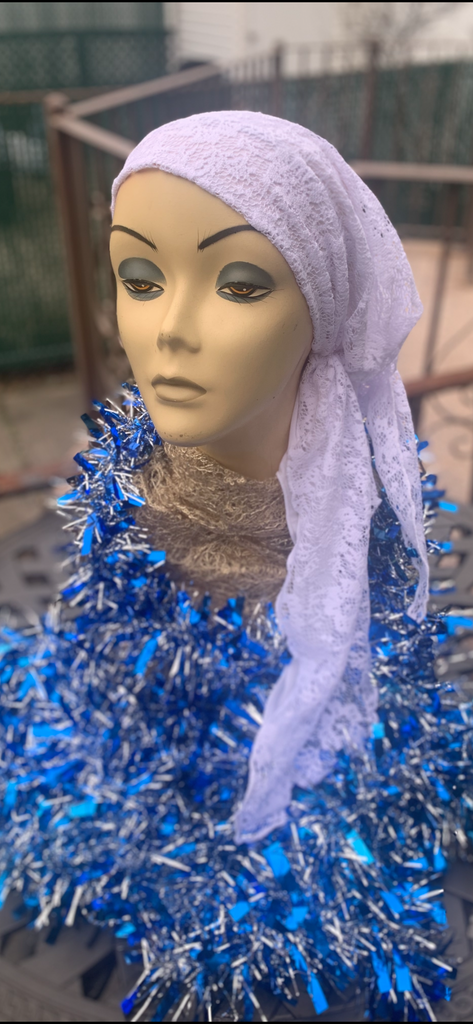 Pretty White Lace Tichel Head Scarf For Sabbath & Holidays Pre Tied Hair Wrap. Made in USA