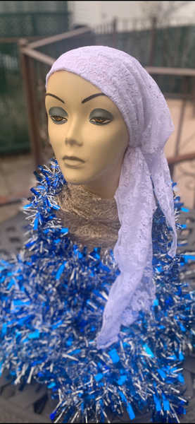 Pretty White Lace Tichel Head Scarf For Sabbath & Holidays Pre Tied Hair Wrap. Made in USA