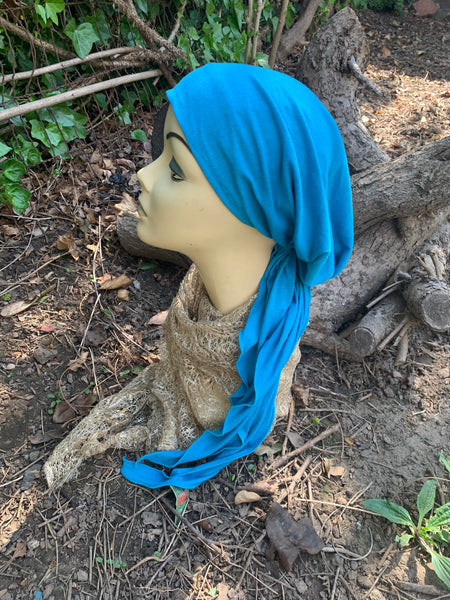 Turquoise Head Scarf For Women | Pre Tied Fitted Tichel Hijab Hair Scarf | Made in USA