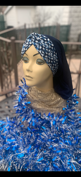 Blue Black Snood Hijab Tichel With Dark Navy Mix Front Headband