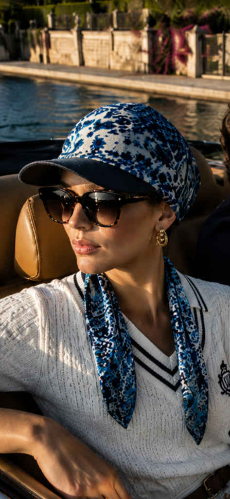 Uptown Girl Headwear Best Hats For Cancer Hair Loss | Blue Pattern Sun Visor Scarf | Made in America | Sun Hat For Some Sun Shade and a Little More Protection | Hijab Style Beachwear