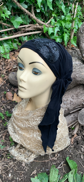 Black Cotton Head Scarf With Elegant Black Sparkly Design
