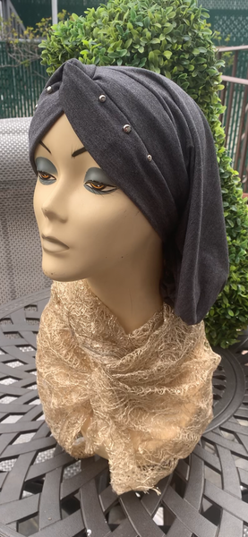 Grey Snood Turban Hijab With Silver Design