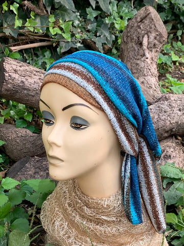 Boho Chic Headscarf For Women | Brown Turquoise Hair Wrap | Casual Bohemian Style Hair Covering | Made in USA