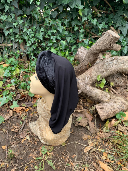 Black Velvet Lycra Snood Turban Hijab | Headscarf For Women | Easy Hijab For Work | Made in the USA by Uptown Girl Headwear