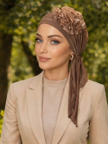Vintage Style Headscarf | Hijab Hair Scarf Tichel | Tie Back Hat Lycra Dressy Pre-Tied Scarf With Beautiful Floral Design | Made in USA