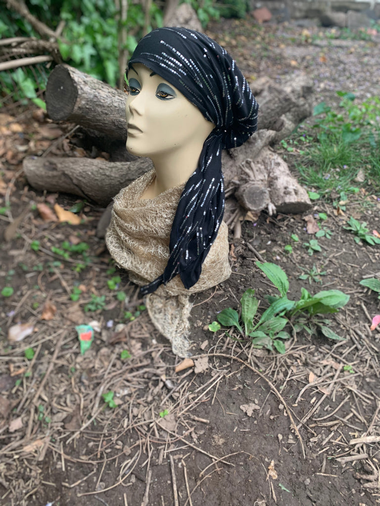 Black Sparkly Pre Tied Bandana | Headscarf For Women | USA Made