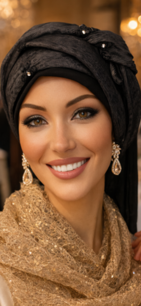 Wrap Around Headscarf For Women | Adjustable Large or Small Head Size | Black Grey Hijab Hair Covering With Petite Crystal Design | No Pins Needed