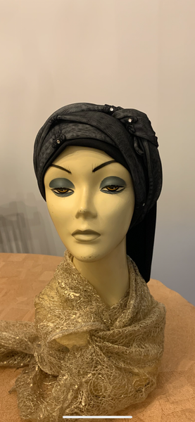 Wrap Around Headscarf For Women | Adjustable Large or Small Head Size | Black Grey Hijab Hair Covering With Petite Crystal Design | No Pins Needed