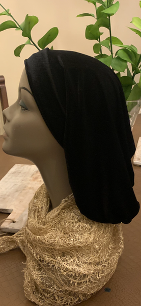 Black Snood Turban Beanie Hijab | Black Stretchy Rich Velvet Head Covering To Conceal Hair