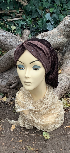 Velour Brown Snood With Sequins | Brown Turban Hijab | Comfortable Headscarf For Women | Wig Alternative | Modern Hijab |